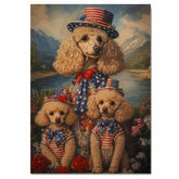 Poodle Dog Family in Patriotic American Flag Outfits and Hats by River and Mountains for Fourth of July Celebration on Ready to Hang 1.5" Thick Canvas Wrap, Floating Framed Canvas, Flat Rolled Canvas